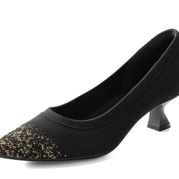 Women’s Low Block Heel Pumps – Pointed Toe Knit Dress Shoes, Comfortable Slip-On - Picture 4 of 6